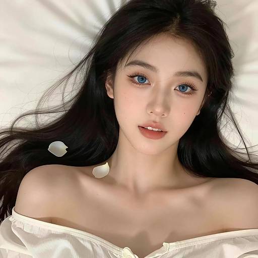 Young Woman with Blue Eyes and Black Hair Lying Down