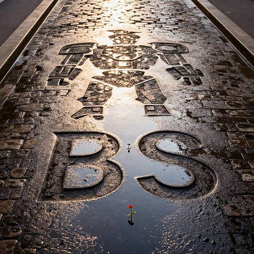 Photograph of a wet, cobblestone street reflecting 