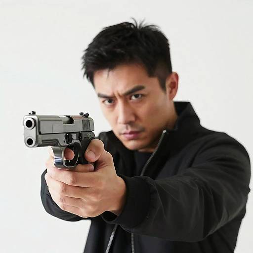 Man Aiming Handgun with Intense Focus