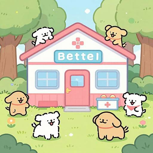 Cute digital illustration of a brightly colored pet clinic with a pink door, surrounded by six adorable, cartoon dogs of varying colors in a sunny, tree