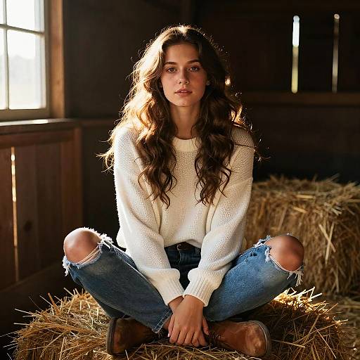 Young Woman Sitting on Hay Bale in Barn