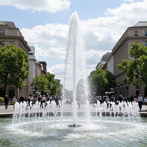 Photograph of a lively urban fountain show with a tall central water jet surrounded by smaller jets, framed by historic buildings and green trees under a partly cloudy