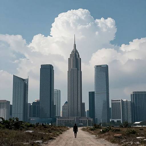 Photograph of a cityscape with a tall, central skyscraper flanked by shorter buildings under a bright blue sky with large, white clouds. A