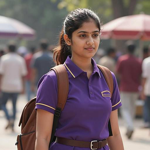 Young Woman in Purple Polo Shirt Outdoors