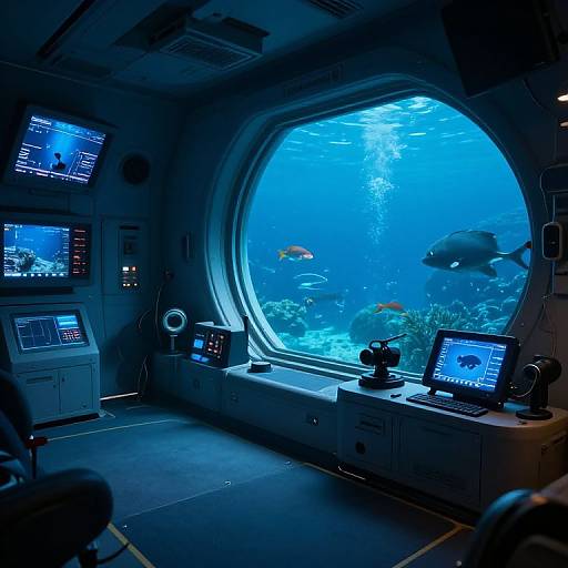 Photograph of a futuristic submarine control room with a large, oval window showing a vibrant blue underwater scene with fish and coral, surrounded by screens and equipment