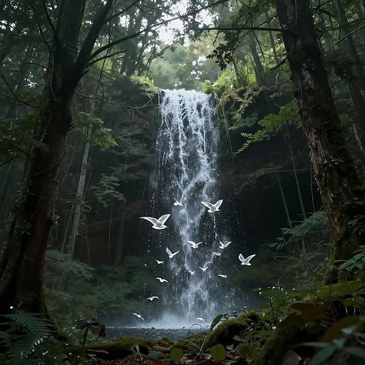 Photograph of a lush forest with a tall, cascading waterfall. White birds are mid-flight near the water's edge, surrounded by dark green trees