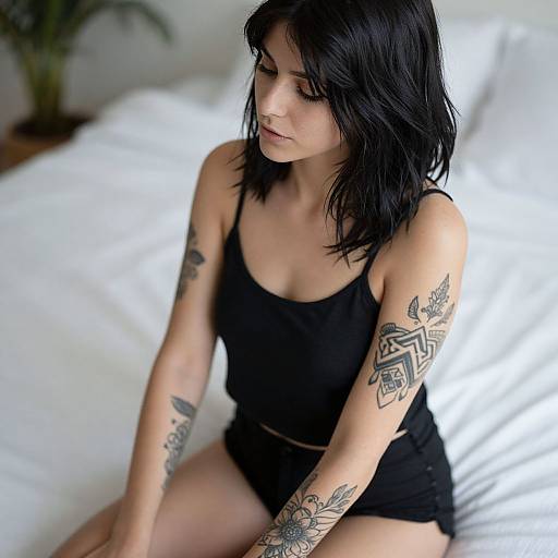 Photograph of a pale-skinned woman with black shoulder-length hair, wearing a black tank top and shorts, sitting on a white bed, showcasing multiple
