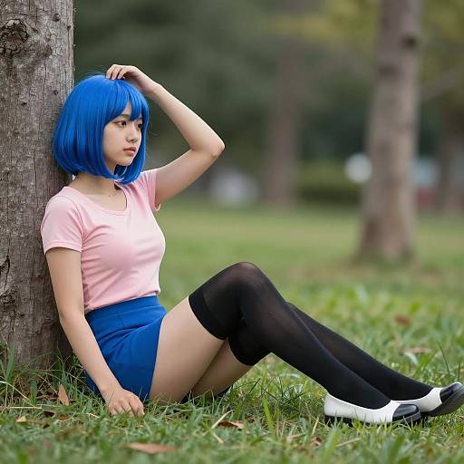 Young Woman with Blue Bob Hair Sitting Outdoors