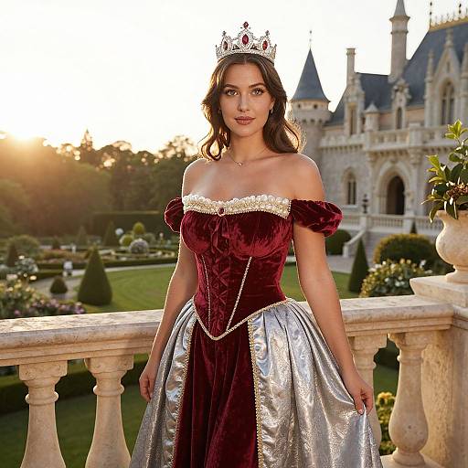 Photograph of a fair-skinned woman with long dark hair, wearing a red velvet and silver gown, sparkling tiara, standing in front of a