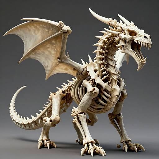 CGI image of a skeletal dragon with large wings, sharp claws, and spikes along its spine and tail, set against a gradient gray background.
