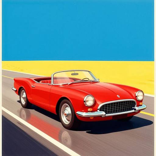 Bright red vintage convertible car with chrome details, driving on a road with blue and yellow background, reflected on the asphalt.