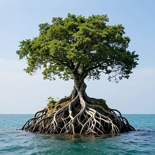 Photograph of a lone, large tree with extensive, exposed roots emerging from turquoise ocean water under a clear blue sky.