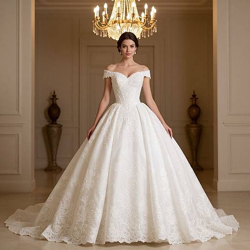 Photograph of a slender, dark-haired woman in an off-shoulder, white lace wedding gown, standing in an elegant room with a grand ch