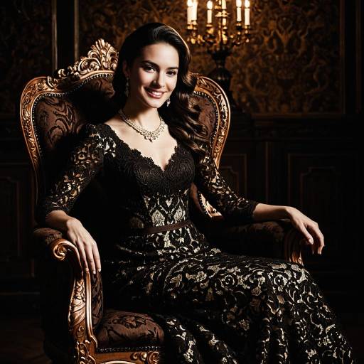 Elegant Woman in Vintage Lace Gown on Ornate Throne