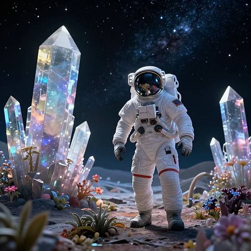 Digital artwork of an astronaut in a white spacesuit standing on a moon-like surface with glowing, crystalline structures and colorful flora. Starry galaxy in