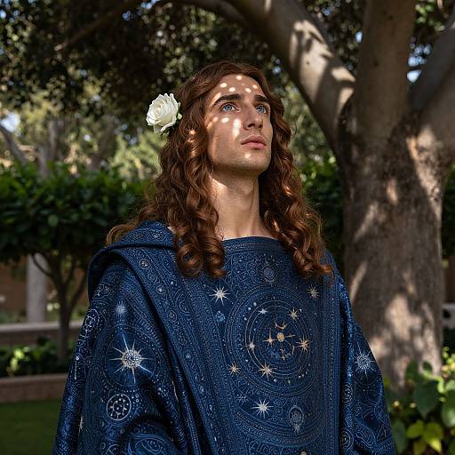 Photograph of a young woman with long, wavy brown hair and a white rose in her hair, wearing a blue, star-patterned cloak,