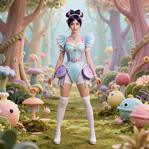 Digital illustration of a cute, anime-style woman in pastel blue dress with puffed sleeves, white stockings, and purple sash, standing in a