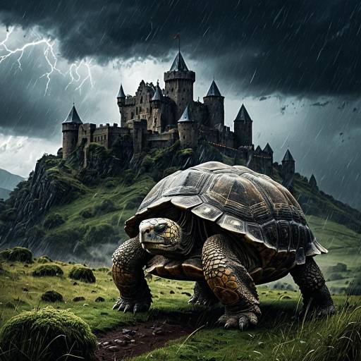 Giant Tortoise with Medieval Castle in Storm