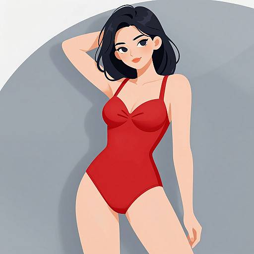 Digital illustration of a fair-skinned woman with black hair, wearing a red one-piece swimsuit, posing with one arm behind her head, against a