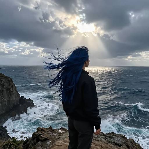 Photograph of a person with long, flowing black hair standing on a rocky cliff, facing a stormy ocean with sun rays piercing through dark clouds.