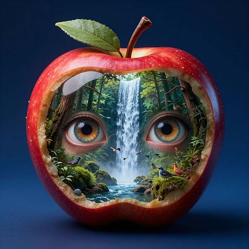 Photorealistic digital artwork of a red apple with a hollowed-out face, displaying large, captivating eyes and a forest waterfall inside.