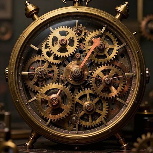 Photograph of intricate, brass-cased mechanical clock with interlocking gears, orange second hand, and dark, blurred background. Steampunk style.