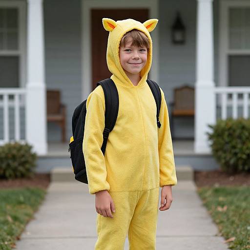 Photograph of a smiling young boy in a yellow cat onesie with ears, black backpack, standing on a suburban sidewalk.