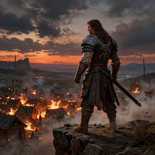Photograph of a muscular, long-haired warrior with medieval armor, standing on a rocky cliff, overlooking a burning village at sunset.