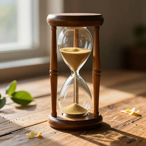 Photograph of a wooden hourglass with sand, placed on a sunlit wooden table, with a blurred window and green leaves in the background.