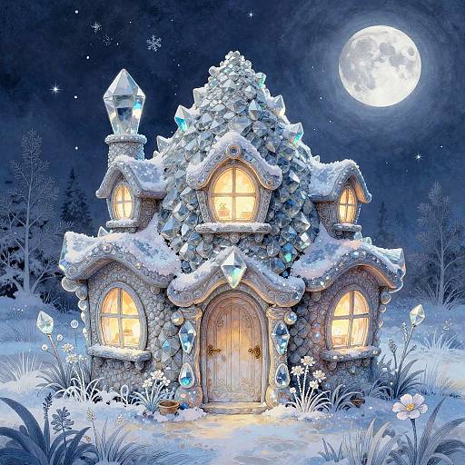 Whimsical Crystal Cottage in Moonlit Meadow