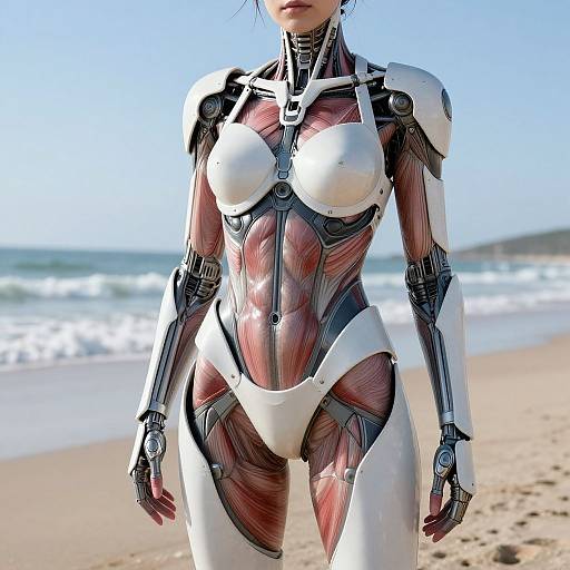 Photorealistic CGI of a female humanoid robot with white and red muscular armor, standing on a sunny beach with waves.