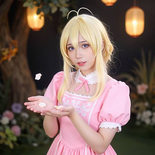 Digital art of a blonde anime girl with blue eyes, wearing a pink dress with white lace, holding a glowing petal under lanterns.