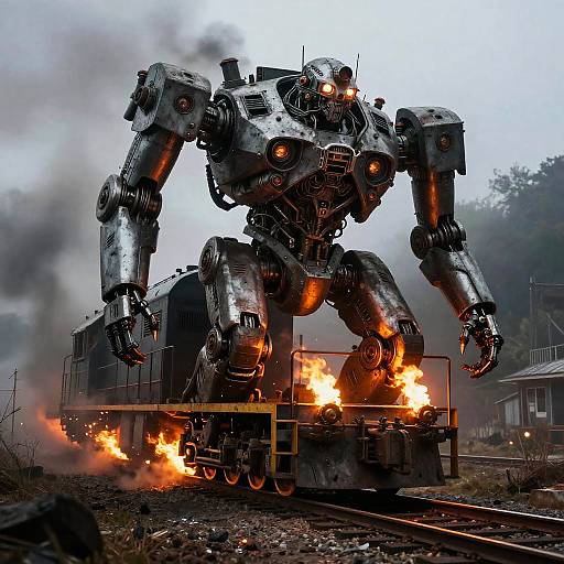 Colossal Mechanized Robot on Train Tracks with Flames