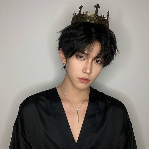 Photograph of an androgynous Asian person with short black hair, wearing a gold crown, black V-neck shirt, and delicate necklace, against