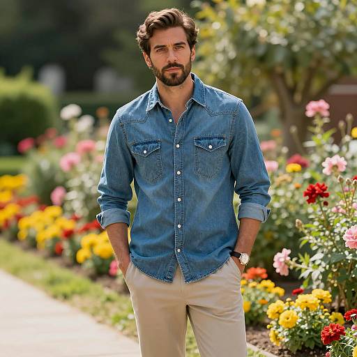Casual Man in Denim Shirt Standing in Flower Garden