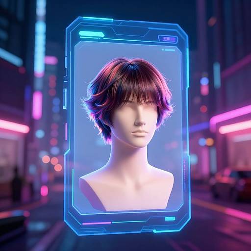 CGI digital artwork of a faceless, androgynous person with short, dark brown hair in a neon-lit, futuristic cityscape,