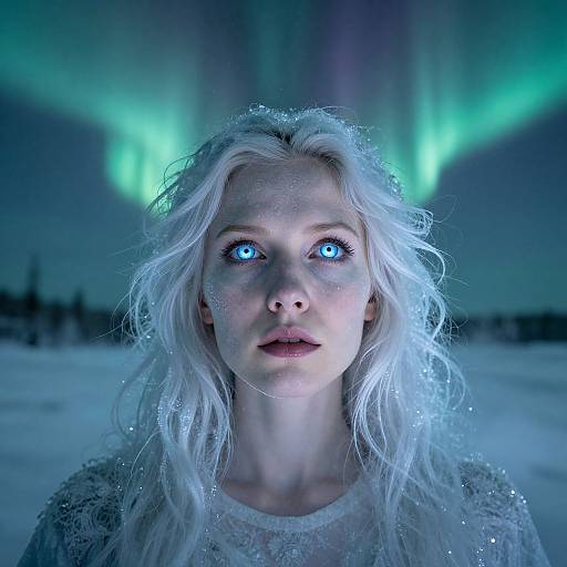 Photograph of a pale-skinned woman with glowing blue eyes, white wavy hair, and frosty clothing, standing in a snowy landscape under vibrant