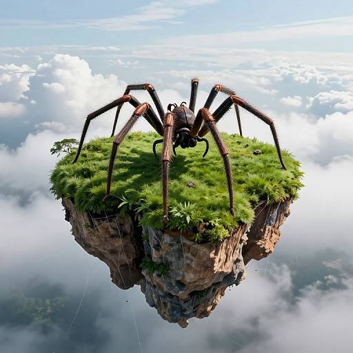 Digital artwork of a giant spider with black legs standing on a grassy floating island, surrounded by clouds and sky.