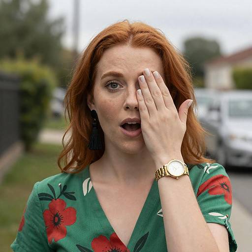 Surprised Woman in Floral Dress