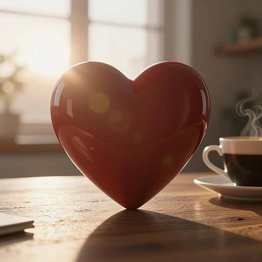 Red Heart with Morning Coffee and Sunlight