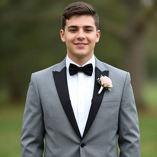 Photograph of a young man with short brown hair, wearing a gray tuxedo with black lapels, white shirt, black bow tie, pink
