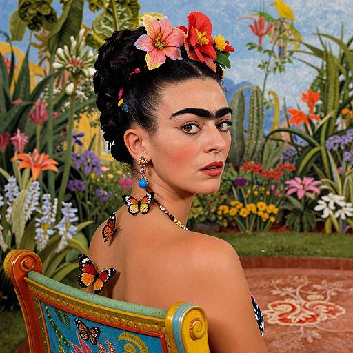 Photograph of a dark-haired woman with vibrant flower crown, butterfly earrings, and strapless dress, seated in a colorful garden.