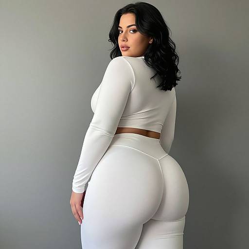 Photograph of a curvy woman with long black wavy hair, wearing a white long-sleeve crop top and white tight pants, looking over