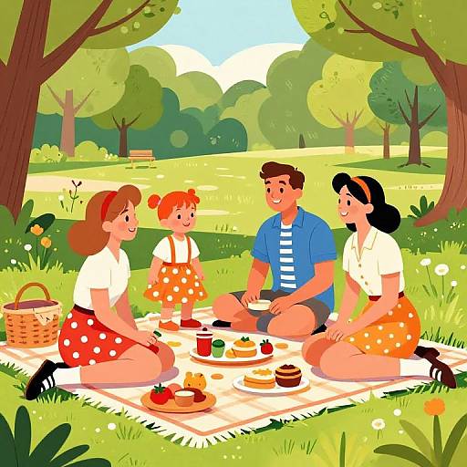 Colorful cartoon of a family picnic in a sunny park: three adults and a child sit on a blanket, eating fruit, cakes, and sandwiches,