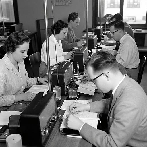 Black-and-white photograph of six 1950s office workers, men and women, typing and writing at desks with vintage typewriters and telephones