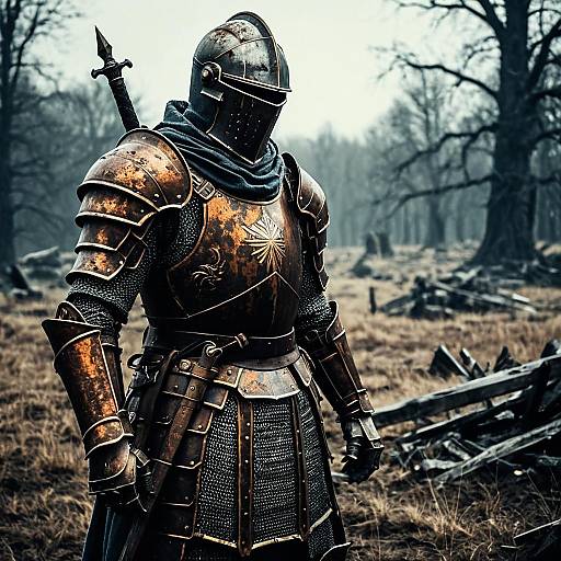 Spectral Knight in Rusty Armor on Ruined Battlefield
