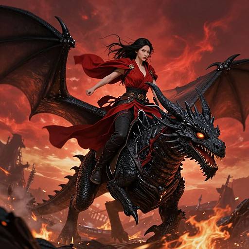 Digital artwork: Dark-haired woman in red cloak riding black dragon with glowing red eyes, amidst burning ruins and fiery sky.