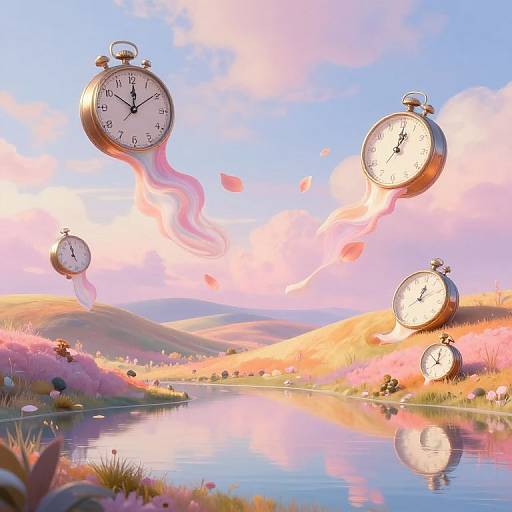 Photorealistic digital artwork of floating vintage pocket watches with pink, wavy trails above a serene, pink-hued river landscape.