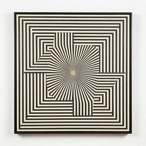 Black and white optical illusion maze with radiating lines from the center, creating a hypnotic, dizzying effect. Digital artwork.