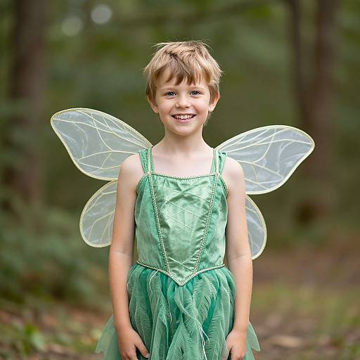 Photograph of a smiling young boy with short blonde hair, wearing a green fairy dress and transparent wings, standing in a forest.